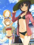  ^_^ armpits arms_up ball beachball bikini black_hair brown_hair closed_eyes funami_yui green_eyes grin hat jacket long_hair multiple_girls navel open_clothes open_jacket smile straw_hat swimsuit toshinou_kyouko yuguru yuru_yuri 