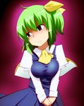  ascot bad_id bad_pixiv_id blue_eyes bow breast_squeeze breasts daiyousei dress empty_eyes green_hair hair_bow hyudora long_sleeves looking_away medium_breasts short_hair side_ponytail simple_background smile solo touhou wings 