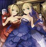  :d absurdres ahoge artoria_pendragon_(all) bare_shoulders blonde_hair blue_dress blue_eyes blue_gloves breasts cleavage cup dress drinking_glass fate/extra fate/stay_night fate_(series) flower gloves green_eyes hair_flower hair_ornament hair_ribbon highres large_breasts multiple_girls nero_claudius_(fate) nero_claudius_(fate)_(all) open_mouth red_dress red_gloves ribbon saber scan short_hair smile strapless strapless_dress wada_aruko wine_glass 