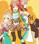  3girls ahoge belt breasts brown_eyes coat copyright_name elbow_gloves fourier gloves long_hair multicolored_hair multiple_girls open_mouth orange_background pants pascal poisson scarf shoes short_hair smile tales_of_(series) tales_of_graces wink yellow_eyes 