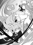  bad_id bad_pixiv_id book bow capelet crescent demon_wings greyscale hair_bow hat head_wings koakuma long_hair long_sleeves monochrome multiple_girls necktie one_eye_closed patchouli_knowledge shibasaki_shouji touhou wide_sleeves wings 