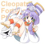  blush_stickers cleopatra_fortune copyright_name creature dress egyptian feet full_body hair_tubes hat jewelry necklace oyatsu_(mk2) panties pantyshot patrako_(cleopatra_fortune) purple_eyes purple_hair sandals shoe_dangle short_hair sidelocks smile snake solo striped striped_panties toes underwear uraeus white_background 