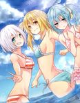  ass bad_id bad_pixiv_id bikini blonde_hair blue_bikini blue_eyes blue_hair blush breasts chiu_(93spica) cloud cowboy_shot day dimples_of_venus dutch_angle fairy_tail frilled_bikini frills green_eyes grin hair_ribbon hands_together levy_mcgarden lisanna_strauss long_hair looking_at_viewer looking_down lucy_heartfilia medium_breasts multiple_girls polka_dot polka_dot_bikini polka_dot_swimsuit ribbon short_hair side-tie_bikini side_ponytail sideboob silver_hair smile standing striped striped_bikini striped_swimsuit swimsuit v wading water 