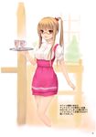  :d absurdres anna_miller bangs blonde_hair coffee-kizoku cup eyebrows_visible_through_hair glasses highres holding long_hair open_mouth red_eyes scan side_ponytail smile solo translation_request tray waitress 