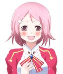 :d bad_id bad_pixiv_id blush bow bowtie face freckles hair_ornament hairclip hand_on_own_chest happy hoshi_mirin lisbeth open_mouth pink_hair puffy_sleeves purple_eyes short_hair smile solo sword_art_online 