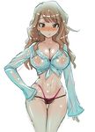  basara bikini breasts brown_hair cameltoe cleavage earrings front-tie_top highres huge_breasts jewelry large_breasts long_hair navel original see-through simple_background solo swimsuit white_background 