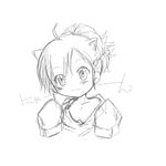  :3 ahoge animal_ears bad_id bad_pixiv_id blush breasts chibi cleavage female_protagonist_(persona_3) greyscale monochrome off_shoulder oversized_clothes persona persona_3 persona_3_portable ponytail simple_background sketch sleeves_past_wrists small_breasts smile solo upper_body 
