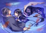  bad_id bad_pixiv_id barefoot black_hair blue_eyes fish fuuchouin_kazuki getbackers highres hirai_chika japanese_clothes kakei_juubei kimono long_hair male_focus multiple_boys otoko_no_ko ponytail short_hair 