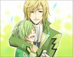  2boys blonde_hair capelet coat cravat eyes_closed frills green_hair hair_over_one_eye hairband lambda long_hair multiple_boys open_mouth richard_(tales_of_graces) short_hair smile tales_of_(series) tales_of_graces yellow_eyes 