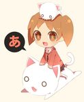  :d a asapaa azumanga_daiou biting blush cat chibi ears looking_at_viewer mihama_chiyo nekokoneko o_o open_mouth orange_eyes orange_hair short_hair short_twintails smile solo sploot twintails 