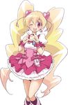 ;d blonde_hair boots bow choker corset cure_peach earrings fresh_precure! hair_ornament hairpin heart heart_hair_ornament heart_hands jewelry karak_nishiki long_hair magical_girl momozono_love one_eye_closed open_mouth pink_bow pink_choker pink_eyes precure skirt smile solo twintails white_background 