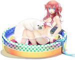  bare_shoulders bikini blue_eyes breasts cleavage highres hose long_hair medium_breasts navel nicole_pmonachi open_mouth original partially_submerged red_hair seal sitting solo swimsuit two_side_up wading_pool white_bikini 