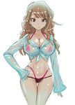  basara bikini breasts brown_hair cameltoe cleavage earrings front-tie_top highres huge_breasts jewelry long_hair navel original see-through simple_background solo swimsuit white_background 