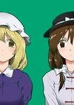  bad_id bad_pixiv_id blonde_hair brown_eyes brown_hair dress_shirt fuantei green_background hair_ribbon hat maribel_hearn multiple_girls retrospective_53_minutes ribbon shirt short_hair simple_background touhou upper_body usami_renko yellow_eyes 