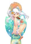  bikini earrings eating food frilled_bikini frills hat holding ice_cream jewelry kinu_(kumin) long_hair original red_eyes sandals shoe_dangle sitting solo star star_earrings straw_hat swimsuit twintails white_hair 