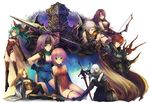  5girls androgynous armor black_armor blonde_hair blue_eyes bow_(weapon) breasts bustier celes_chere character_request china_dress chinese_clothes cleavage detached_sleeves dress earrings faris_scherwiz final_fantasy final_fantasy_ii final_fantasy_iv final_fantasy_v final_fantasy_vi golbeza green_eyes green_hair guy_(ff2) headband jacket jewelry kara_(color) lenna_charlotte_tycoon leotard lingerie long_hair maria_(ff2) medium_breasts multiple_girls orange_skirt pantyhose pink_hair polearm ponytail purple_hair red_hair scarf short_hair skirt sleeveless spear sword tabard thighhighs tina_branford underwear vest weapon white_hair 