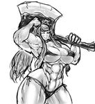  abs amazon biceps bikini breasts curvy extreme_muscles flex flexing highres huge_weapon long_hair monochrome pose simple_background smile swimsuit thick_thighs toned weapon wide_hips wink 