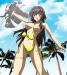  absurdres bikini bikini_top_removed blush breasts brown_hair clothes_removed gentoku groin highres large_breasts long_hair muvluv muvluv_alternative muvluv_total_eclipse nipples purple_eyes solo swimsuit takamura_yui wardrobe_malfunction yellow_bikini 