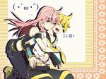  1girl blonde_hair blue_eyes boots detached_sleeves emoticon green_eyes hug hug_from_behind kagamine_len keishi long_hair looking_at_viewer megurine_luka midriff one_eye_closed open_mouth pink_hair short_hair sweat vocaloid 