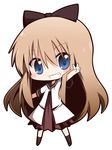  blonde_hair blue_eyes blush bow chibi hair_bow long_hair nanamori_school_uniform open_mouth satsuki_mei_(sakuramochi) school_uniform serafuku smile solo toshinou_kyouko white_background yuru_yuri 