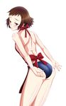  apron arms_behind_back ass back backless_outfit bad_id bad_pixiv_id bent_over blush bob_cut brown_eyes brown_hair buruma from_behind hyouka ibara_mayaka looking_back nearly_naked_apron short_hair simple_background solo topless unitaisho white_background 