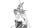  anonymous_drawfag bare_shoulders breasts cleavage corset detached_sleeves earrings greyscale hair_ornament hat highres jewelry long_hair luminous_arc medium_breasts monochrome profile skull_hair_ornament solo staff vanessa_(luminous_arc) very_long_hair witch_hat 