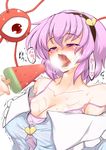  alternate_breast_size blush breasts cleavage collarbone food fruit hairband hands heart komeiji_satori large_breasts off_shoulder open_mouth pandain pink_hair popsicle purple_eyes red_eyes sexually_suggestive short_hair solo tears third_eye tongue touhou trembling watermelon watermelon_bar 