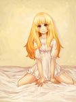  anonymous_drawfag babydoll blonde_hair collarbone grimgrimoire head_tilt highres lillet_blan long_hair looking_at_viewer on_bed purple_eyes sitting smile solo wariza 