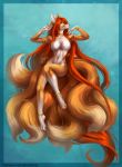  anklet anthro blue_background blue_eyes bra bracelet canine choker clothed clothing ear_piercing elvofirida female fox fur hair jewelry long_hair looking_at_viewer mammal multi_tail navel orange_fur piercing red_hair simple_background skimpy smile solo toe_rings underwear white_fur wide_hips 