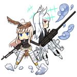  ahoge bad_id bad_pixiv_id bird_tail blue_eyes blush_stickers chibi cloud goggles goggles_on_head gun hanna-justina_marseille head_wings heidimarie_w_schnaufer hirschgeweih_antennas komaki military military_uniform multiple_girls pink_hair red_eyes strike_witches striker_unit tail uniform weapon white_hair world_witches_series 