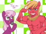 abs anthro anthrofied big_macintosh_(mlp) blonde_hair blush cheerilee_(mlp) dialog dialogue duo english_text equine female friendship_is_magic fur green_eyes hair horse imalou male mammal microphone mouth_hold muscles my_little_pony nipples parody pecs plain_background pony purple_fur red_fur rhythm_heaven_fever smile text two_tone_hair wheat yoke 