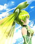  animal_ears bunny_ears cloud detached_sleeves green_hair hatsune_miku long_hair minamito paper_airplane profile sky twintails vocaloid 