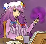  book bow breasts cleavage crescent cup hair_bow hat index_finger_raised large_breasts latenight long_hair magic nightgown notes patchouli_knowledge purple_eyes purple_hair reading sidelocks sitting solo touhou very_long_hair 