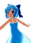  alternate_costume back blue_dress blue_eyes blue_hair blush bow cirno dress hair_bow kusaba_(kusabashiki) looking_back no_wings open_mouth outstretched_arms see-through see-through_silhouette short_hair solo tan tanline touhou 