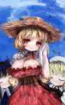  ? aki_minoriko alternate_headwear amii bad_id bad_pixiv_id black_hair blonde_hair bow breasts cleavage closed_eyes drill_hair hair_bow hat highres invisible large_breasts luna_child multiple_girls red_eyes short_hair smelling star_sapphire straw_hat sunny_milk sweat touhou towel twintails 
