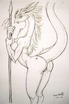  breasts dr_comet dragon female horn line_art monochrome nude polearm pussy raised_tail solo spear 
