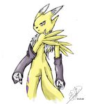  blue_eyes bridal_gauntlets canine chest_tuft digimon emeraldsora female fox fur looking_back mammal nude plain_background renamon solo standing tuft white_background white_fur yellow_fur 