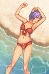  armpits arms_up bare_legs bare_shoulders beach bikini blue_hair breasts cleavage copyright_request green_eyes lying medium_breasts navel on_back outdoors parted_lips partially_submerged red_bikini short_hair solo swimsuit water wet yuksi 