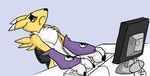  blue_eyes bridal_gauntlets canine chest_tuft clothing computer digimon female fox frown fur horrified keyboard keyboard_(computer) mammal matheusrosa94 monitor office_chair plain_background renamon tuft white_background white_fur yellow_fur 