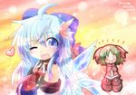  ahoge alternate_hair_length alternate_hairstyle animal_ears ascot blue_eyes blue_hair blush bow cirno detached_sleeves hair_bow kasodani_kyouko long_sleeves multiple_girls one_eye_closed open_mouth short_hair touhou yurume_atsushi 