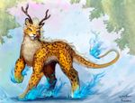  ambiguous_gender antlers blue_eyes cheetah feline feral fire flames hi_res horn jaguar mammal moodraw solo 