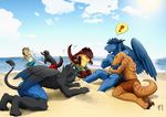  2012 anthro avian beach biceps bird blue_body blue_dragon blue_feathers blue_hair blue_skin canine clothing cloud cuddling dinosaur dragon embrace feathers feline gay gilian gilian_(character) gryphon hair horse_feather hug lion lizard male mammal muscles pecs reptile sand scales scalie sea seaside shorts sky snowroserivenstar sunny topless water wings wolf 