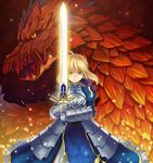  ahoge armor armored_dress artoria_pendragon_(all) blonde_hair dragon dress excalibur fate/stay_night fate_(series) faulds gauntlets glowing glowing_sword glowing_weapon green_eyes hair_ribbon kirino_moegi mana_transfer_dragon ribbon saber solo sword weapon 