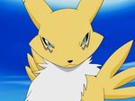  ambiguous_gender anthro blue_background blue_eyes canine chest_tuft close-up digimon fox fur mammal plain_background portrait renamon smile solo tuft white_fur yellow_fur 