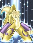  2005 abstract_background avoid_posting breasts bridal_gauntlets canine chest_tuft digimon female fox looking_up naturally_censored nude open_mouth renamon solo tailsrulz white_fur yellow_fur 