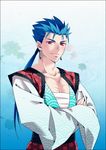  blue_hair fate/stay_night fate_(series) japanese_clothes lancer long_hair male_focus mazaki_kei ponytail red_eyes seigaiha solo 