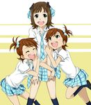  amami_haruka arm_hug bad_id bad_pixiv_id brown_eyes brown_hair e-n futami_ami futami_mami green_eyes hair_ornament hug idolmaster idolmaster_(classic) multiple_girls necktie open_mouth rough_time_school school_uniform siblings side_ponytail sisters smile twins 