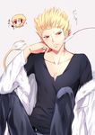  animal_ears blonde_hair blush cat_teaser chibi extra_ears fate/stay_night fate/zero fate_(series) gilgamesh kemonomimi_mode lion_ears lion_tail mafuyu male_focus pout red_eyes solo tail 