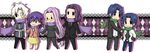  4boys ahoge argyle argyle_background bad_id bad_pixiv_id berserker_(fate/zero) blue_hair chibi fate/zero fate_(series) father_and_son formal grey_hair matou_byakuya matou_kariya matou_sakura matou_shinji multiple_boys multiple_girls purple_hair ribbon rider scarf shared_scarf skirt suit uncle_and_niece ximsol182 