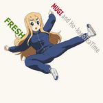  album_cover blonde_hair blue_eyes cover eyebrows k-on! kotobuki_tsumugi long_hair parody richard_crazyman shoes sly_and_the_family_stone solo thick_eyebrows track_suit uwabaki 